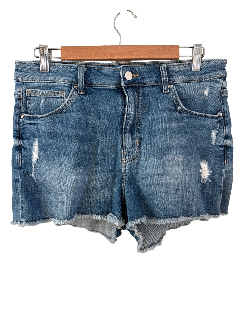 H&M Distressed Denim Shorts Blue Raw Hem Mid Rise Size 14